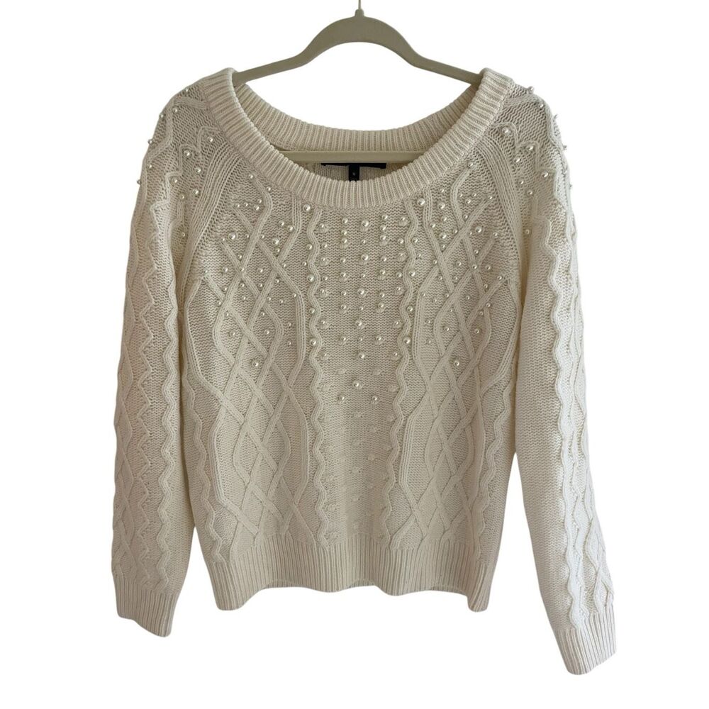 White House Black Market Cream Cable Knit Pearl Wool Sweater Women’s Size Medium